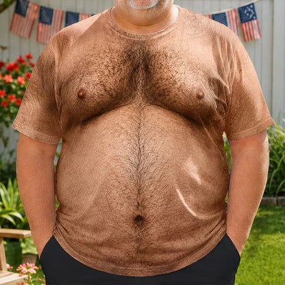 Printed Classic Tee with Patriotic Hairy Body Illusion, Creative Gift for Him & Party Laughs