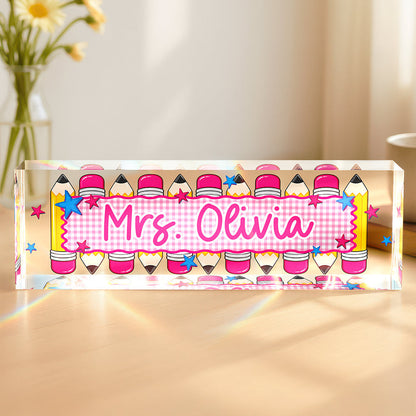 Personalized Rectangle Acrylic Block Plaque with Colorful Pencil Art, Classroom Desk Decor, Creative Teacher Gift