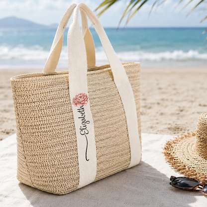 Custom Floral Straw Tote Bag for Beach Days, Creative Gift for Mom, Friend or Traveler