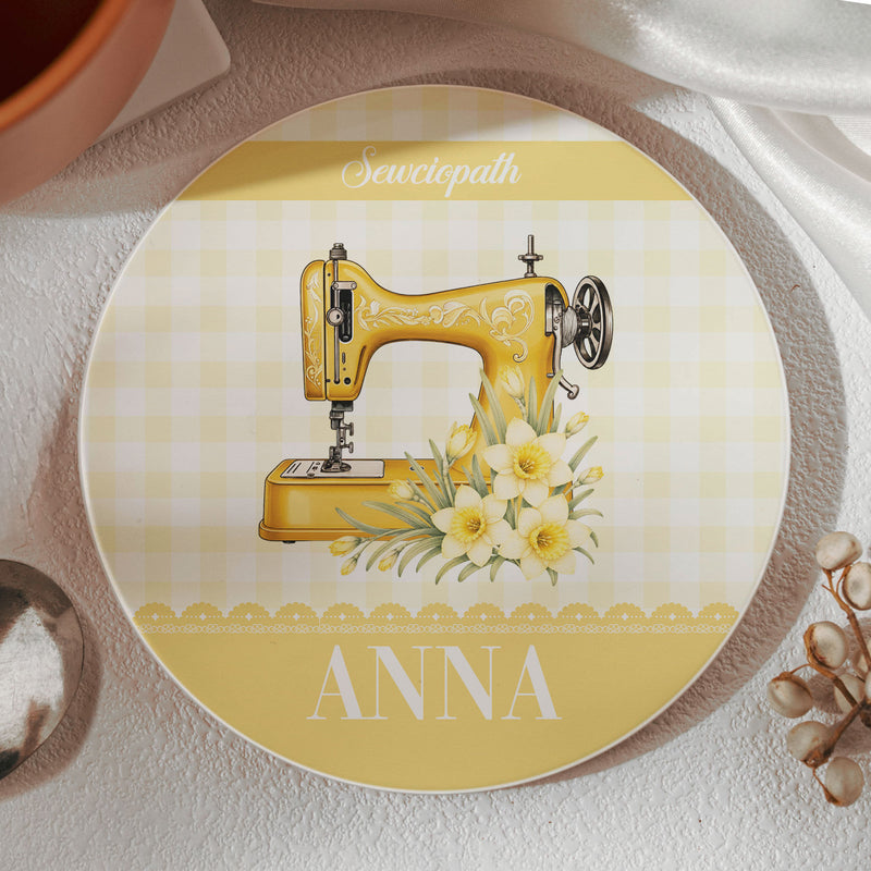 Personalized Round Ceramic Coaster with Vintage Sewing Machine, Floral Gingham Creative Gift for Sewing Lovers