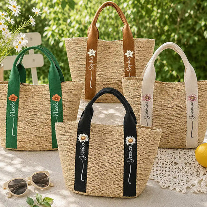 Custom Floral Straw Tote Bag for Beach Days, Creative Gift for Mom, Friend or Traveler