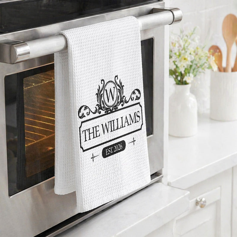 Personalized Kitchen Towel With Vintage Monogram, Unique Creative Gift For A Couple's New Home