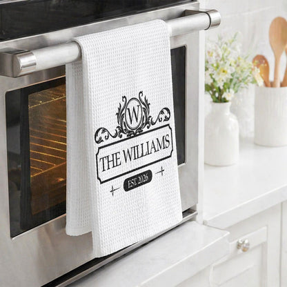 Personalized Kitchen Towel With Vintage Monogram, Unique Creative Gift For A Couple's New Home