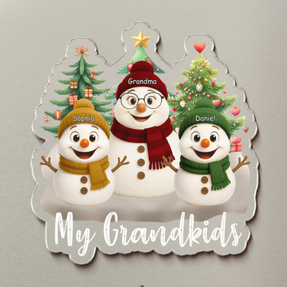 Personalized Acrylic Fridge Magnet, Colorful Snowman Family by Christmas Trees, Unique Gift for Grandparents