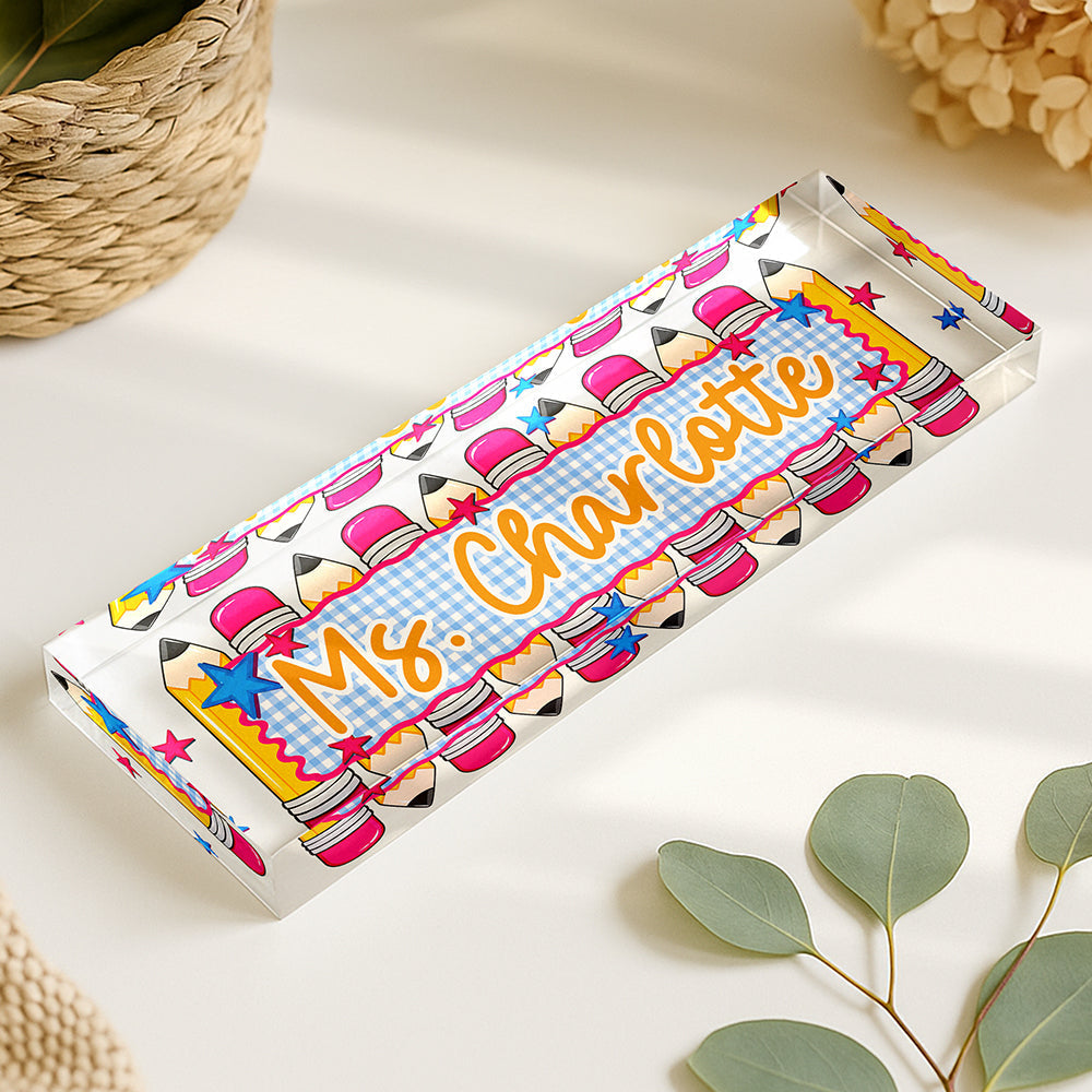Personalized Rectangle Acrylic Block Plaque with Colorful Pencil Art, Classroom Desk Decor, Creative Teacher Gift