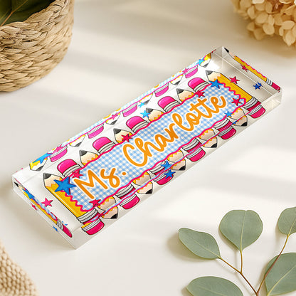 Personalized Rectangle Acrylic Block Plaque with Colorful Pencil Art, Classroom Desk Decor, Creative Teacher Gift