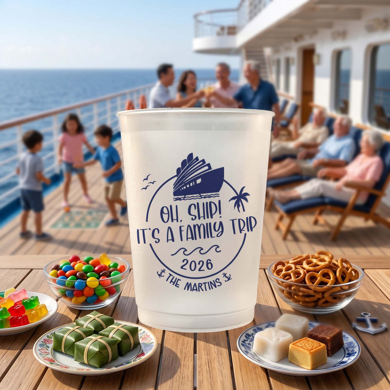 Personalized Frosted Plastic Cup, Oh Ship Family Trip Cruise Design, Unique Gift for Family Sunset Cruises