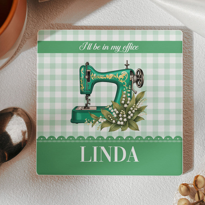 Personalized Round Ceramic Coaster with Vintage Sewing Machine, Floral Gingham Creative Gift for Sewing Lovers