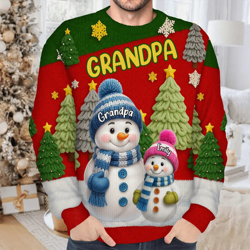 Personalized Grandma Snowman Printed Sweatshirt, Colorful Snowy Tree Scene, Unique Christmas Gift for Grandma