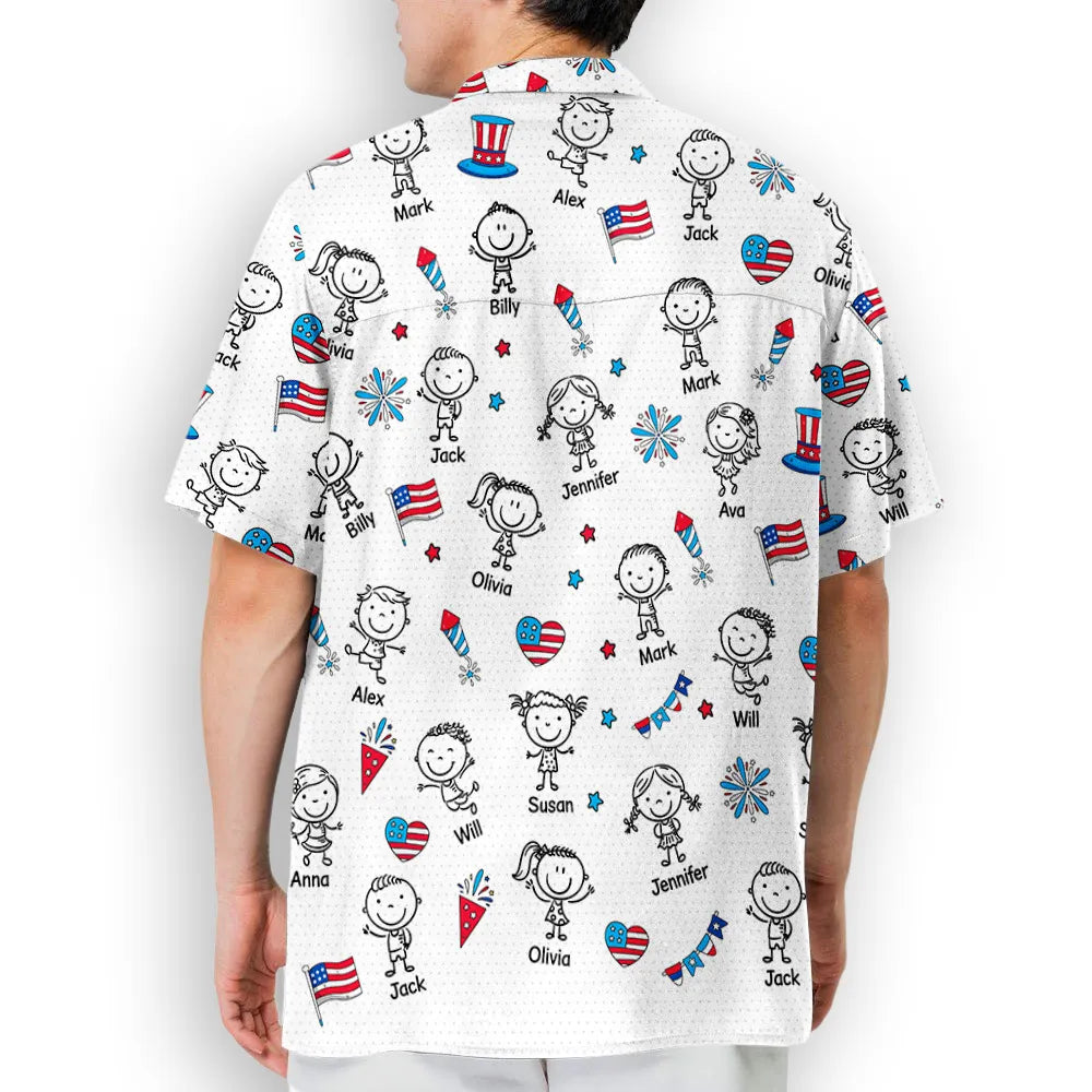 Personalized Hawaiian Shirt for Grandpa, Patriotic Kid Doodle Custom Print, Unique Summer Gift