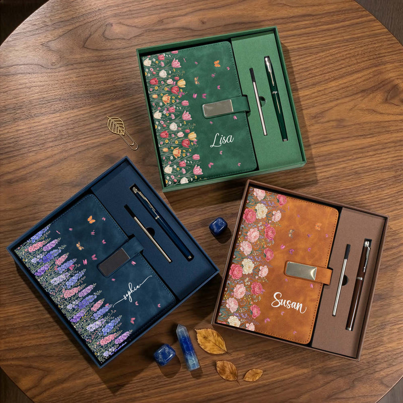 Personalized Warm Brown Floral Metal Buckle Notebook Set, Presented in a Gift Box, Unique Gift for Her