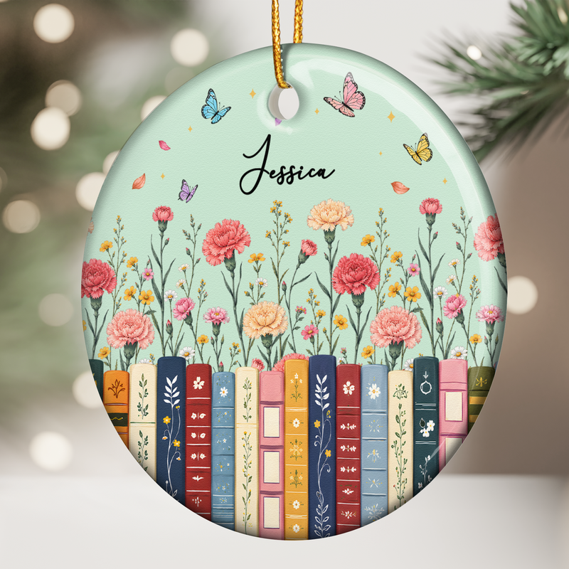 Personalized Ceramic Ornament, Aqua Floral Books and Butterflies, Unique Gift for Book Lovers