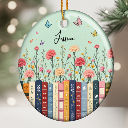 Personalized Ceramic Ornament, Aqua Floral Books and Butterflies, Unique Gift for Book Lovers