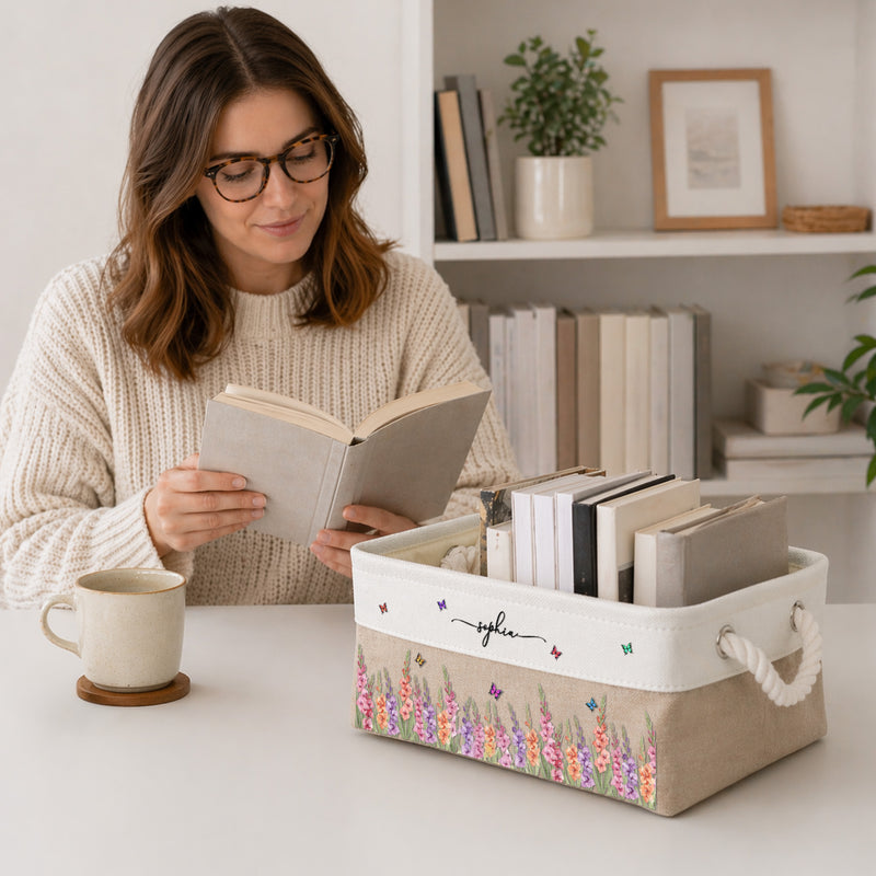 Personalized Cotton Linen Rope Basket, Pink Floral Organizer For Her, Unique Creative Gift For Home Decor