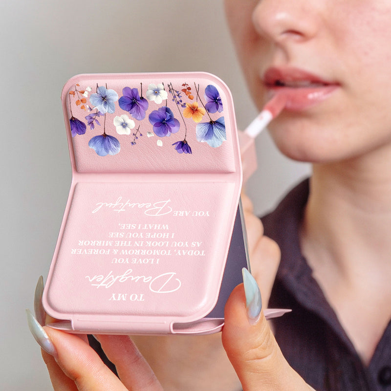 Leather Folding Makeup Mirror, Personalized Pastel Floral Quote, Unique Creative Gift for Daughter