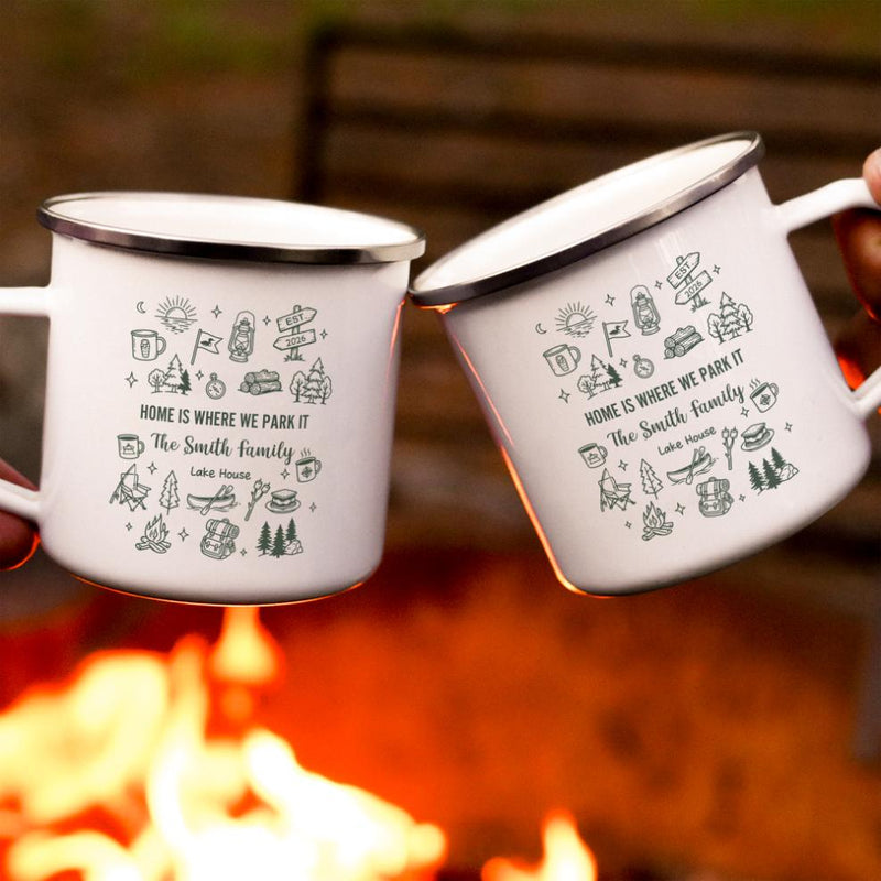 Personalized Enamel Mug, Campfire Family Lake House Line Art, Unique Creative Gift for Campers
