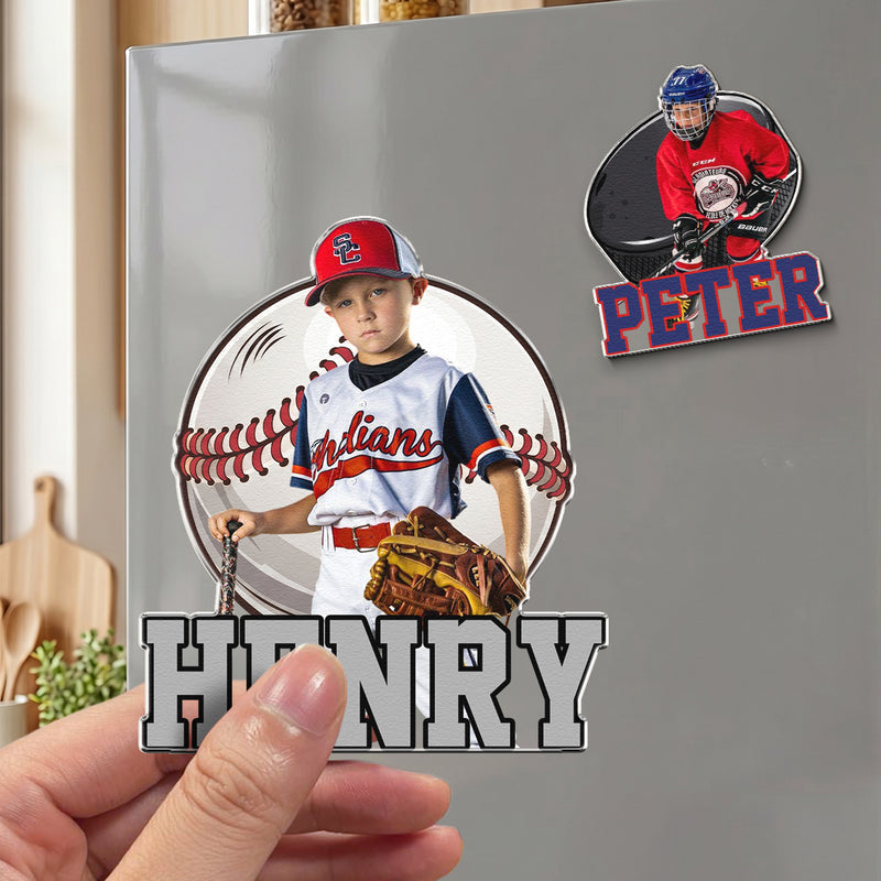 Custom Acrylic Fridge Magnet with Basketball, Baseball, Football & Hockey Art, Creative Gift for Family