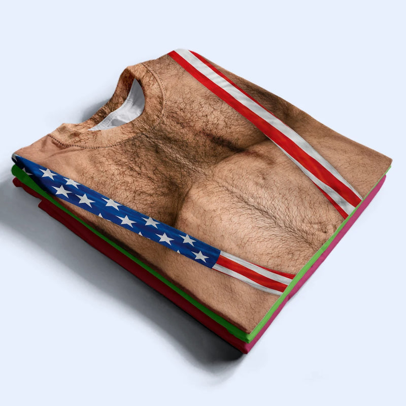 Printed Classic Tee with Patriotic Hairy Body Illusion, Creative Gift for Him & Party Laughs