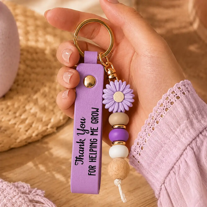 PU Leather Daisy Keychain with Pink Beads, Creative Thank You Gift for Teacher from Student