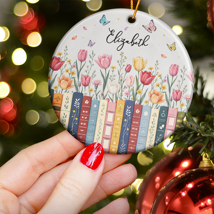 Personalized Ceramic Ornament, Aqua Floral Books and Butterflies, Unique Gift for Book Lovers
