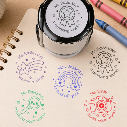 Round Self-Inking Stamp, Personalized Teacher Feedback with Cute Animal Phrases, Unique Creative Gift for Educators