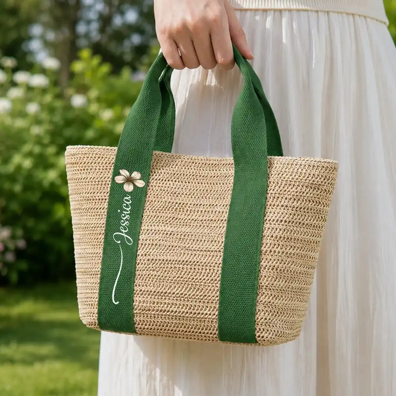 Custom Floral Straw Tote Bag for Beach Days, Creative Gift for Mom, Friend or Traveler