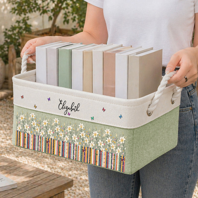 Personalized Cotton Linen Rope Basket with Cozy Bookshelf Flowers & Butterflies, Creative Gift for a Book Lover