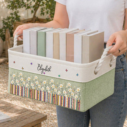 Personalized Cotton Linen Rope Basket with Cozy Bookshelf Flowers & Butterflies, Creative Gift for a Book Lover