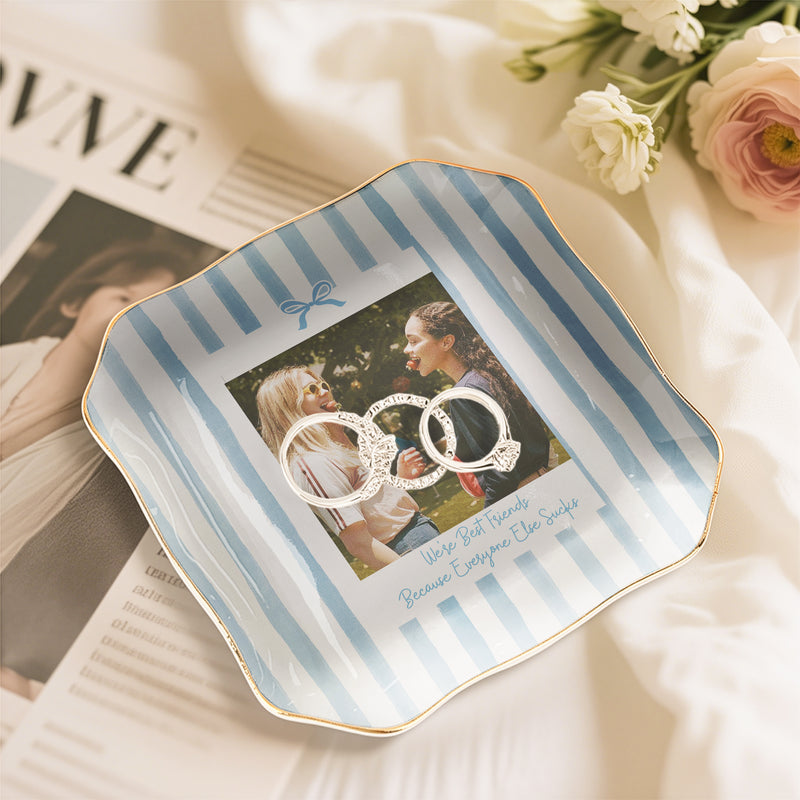 Personalized Jewelry Dish with Friend Photo and Striped Bow, Unique Gift for Best Friend