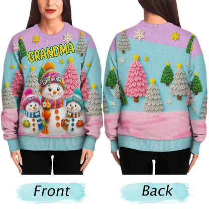 Personalized Grandma Snowman Printed Sweatshirt, Colorful Snowy Tree Scene, Unique Christmas Gift for Grandma