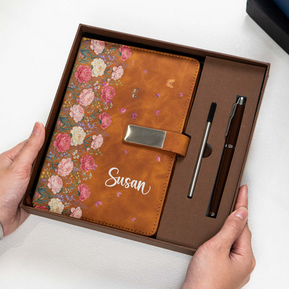 Personalized Warm Brown Floral Metal Buckle Notebook Set, Presented in a Gift Box, Unique Gift for Her