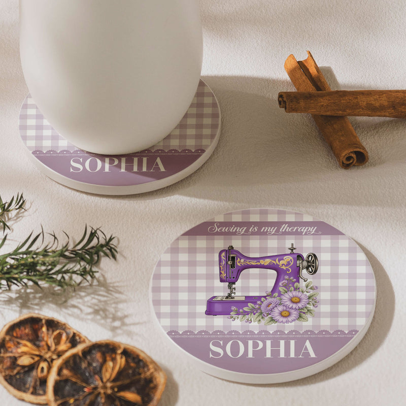 Personalized Round Ceramic Coaster with Vintage Sewing Machine, Floral Gingham Creative Gift for Sewing Lovers