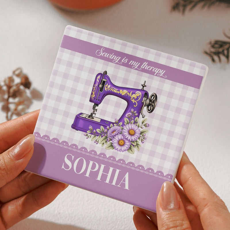 Personalized Round Ceramic Coaster with Vintage Sewing Machine, Floral Gingham Creative Gift for Sewing Lovers