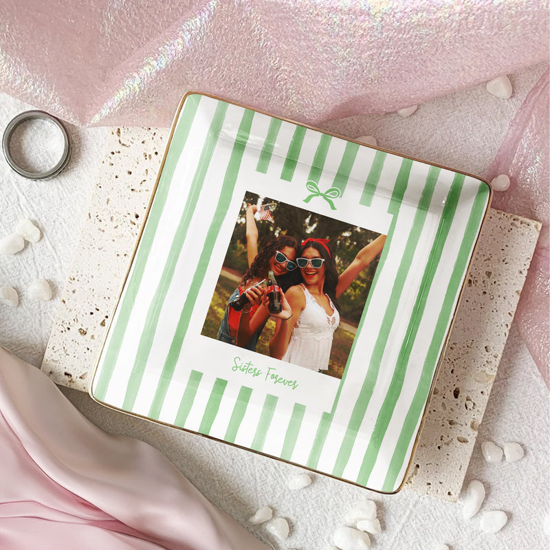Personalized Jewelry Dish with Friend Photo and Striped Bow, Unique Gift for Best Friend