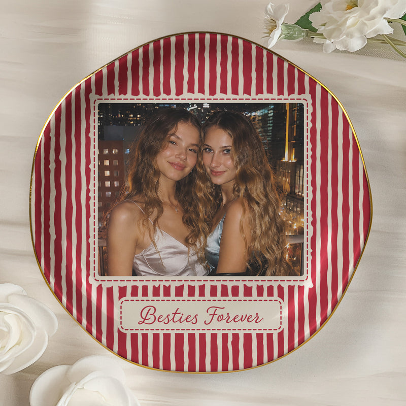 Personalized Jewelry Dish with Friend Photo, Vintage Stripes, Unique Gift for Close Friend or Sister
