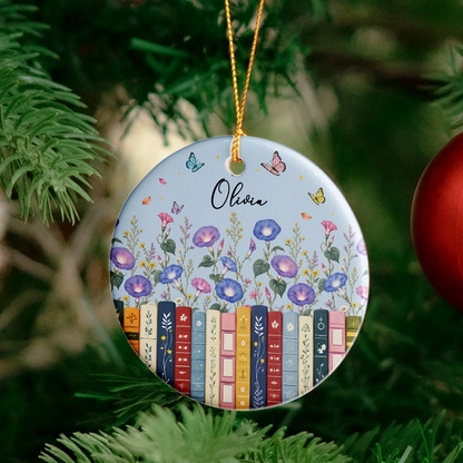Personalized Ceramic Ornament, Aqua Floral Books and Butterflies, Unique Gift for Book Lovers