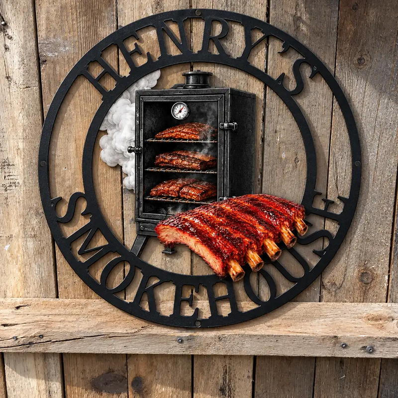 Custom Shaped Metal Sign, Personalized Black Grill & Chill Smoker Scene, Unique BBQ Gift for Dad or Grandpa
