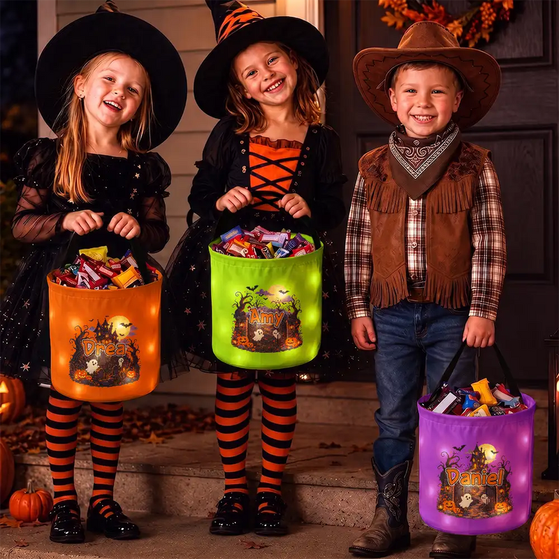 Personalized LED Light Up Basket with Haunted House and Ghosts, Trick-or-Treat Keepsake, Unique Gift for Kids
