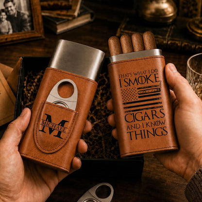 Personalized Leather Cigar Case with Cutter, I Smoke Cigars Quote, Unique Gift for Him