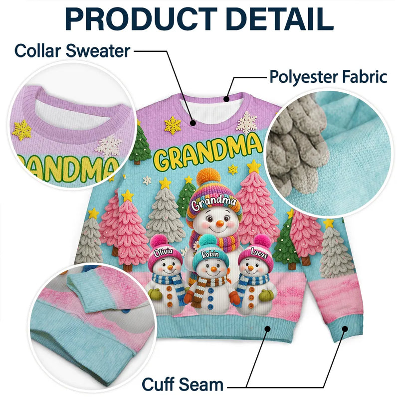Personalized Grandma Snowman Printed Sweatshirt, Colorful Snowy Tree Scene, Unique Christmas Gift for Grandma