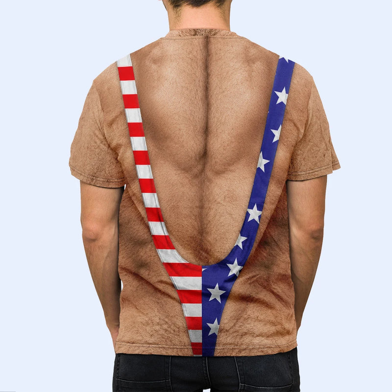 Printed Classic Tee with Patriotic Hairy Body Illusion, Creative Gift for Him & Party Laughs