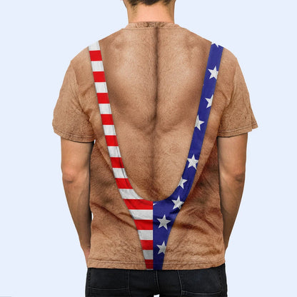 Printed Classic Tee with Patriotic Hairy Body Illusion, Creative Gift for Him & Party Laughs