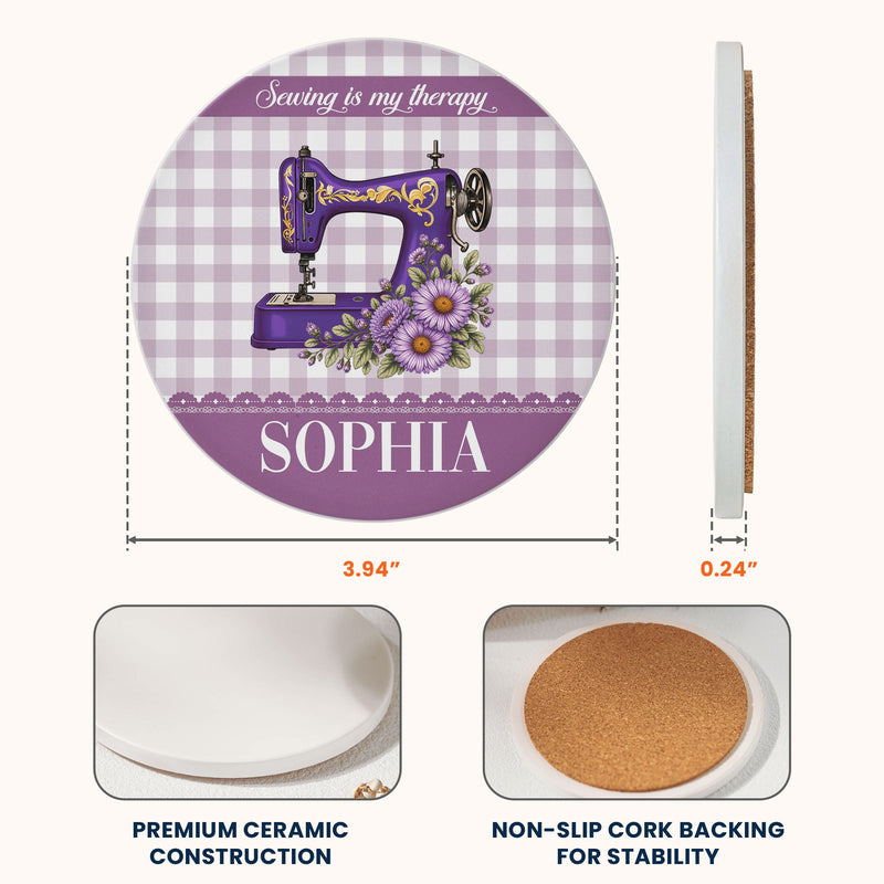 Personalized Round Ceramic Coaster with Vintage Sewing Machine, Floral Gingham Creative Gift for Sewing Lovers