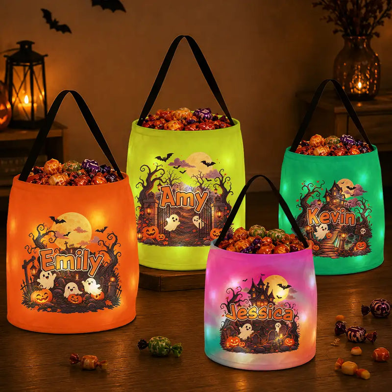 Personalized LED Light Up Basket with Haunted House and Ghosts, Trick-or-Treat Keepsake, Unique Gift for Kids
