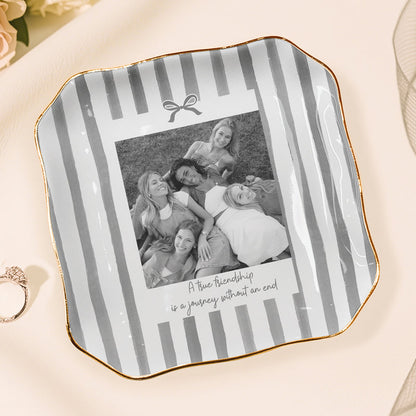 Personalized Jewelry Dish with Friend Photo and Striped Bow, Unique Gift for Best Friend