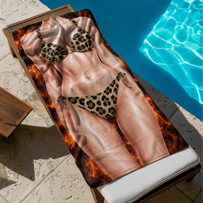 Personalized Beach Towel With Funny Leopard Swimsuit Illusion, Unique Gift For Sunny Beach Party