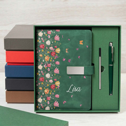 Personalized Warm Brown Floral Metal Buckle Notebook Set, Presented in a Gift Box, Unique Gift for Her