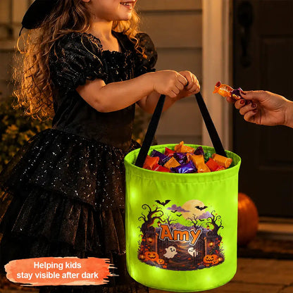 Personalized LED Light Up Basket with Haunted House and Ghosts, Trick-or-Treat Keepsake, Unique Gift for Kids
