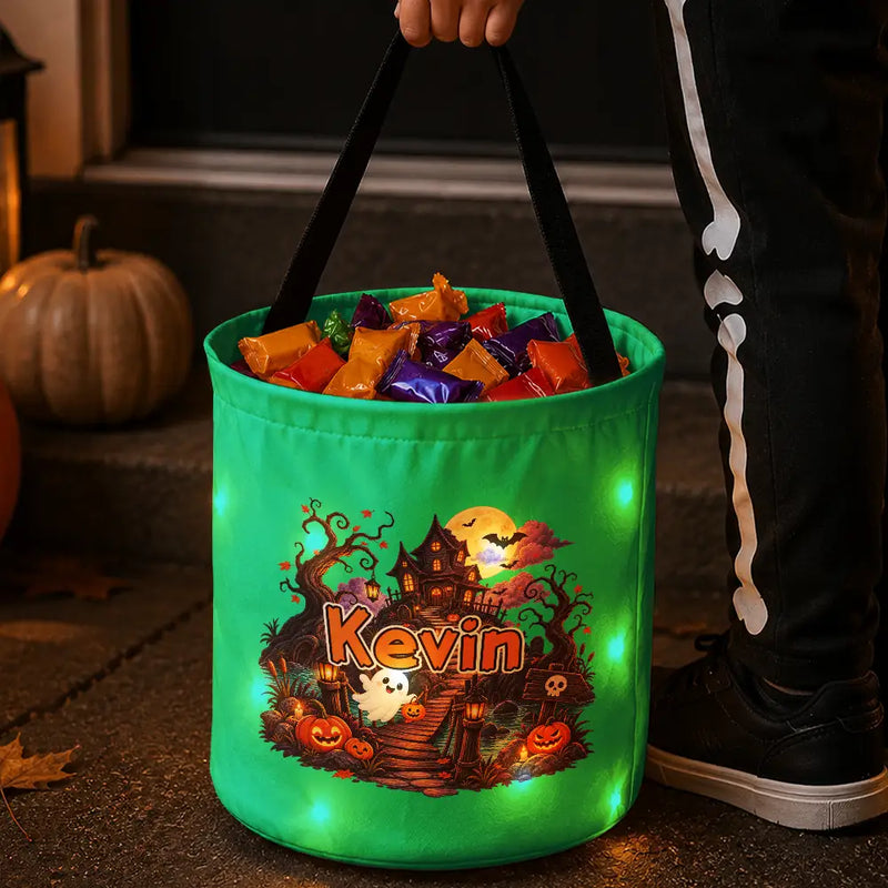 Personalized LED Light Up Basket with Haunted House and Ghosts, Trick-or-Treat Keepsake, Unique Gift for Kids