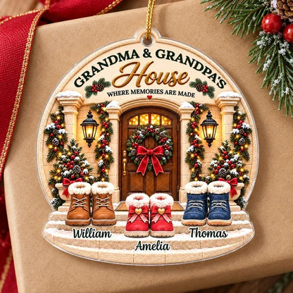 Personalized Acrylic Ornament, Snowy Grandparents' House with Kids' Boots, Unique Christmas Gift